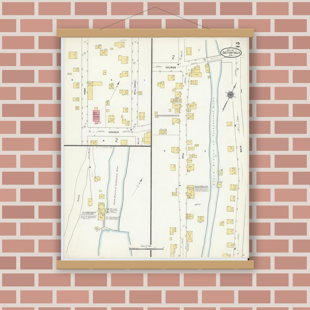 Old map wall art mockup — magnetic wood frame on brick wall — Sanborn Fire Insurance Map from Factoryville, Wyoming County, Pennsylvania (1911), Sheet #0002