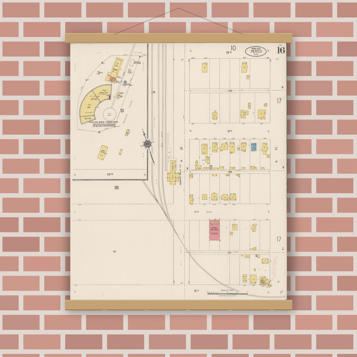 Old map wall art mockup — magnetic wood frame on brick wall — Sanborn Fire Insurance Map from Merced, Merced County, California (1922), Sheet #0016