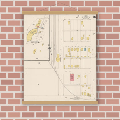 Old map wall art mockup — magnetic wood frame on brick wall — Sanborn Fire Insurance Map from Merced, Merced County, California (1922), Sheet #0016