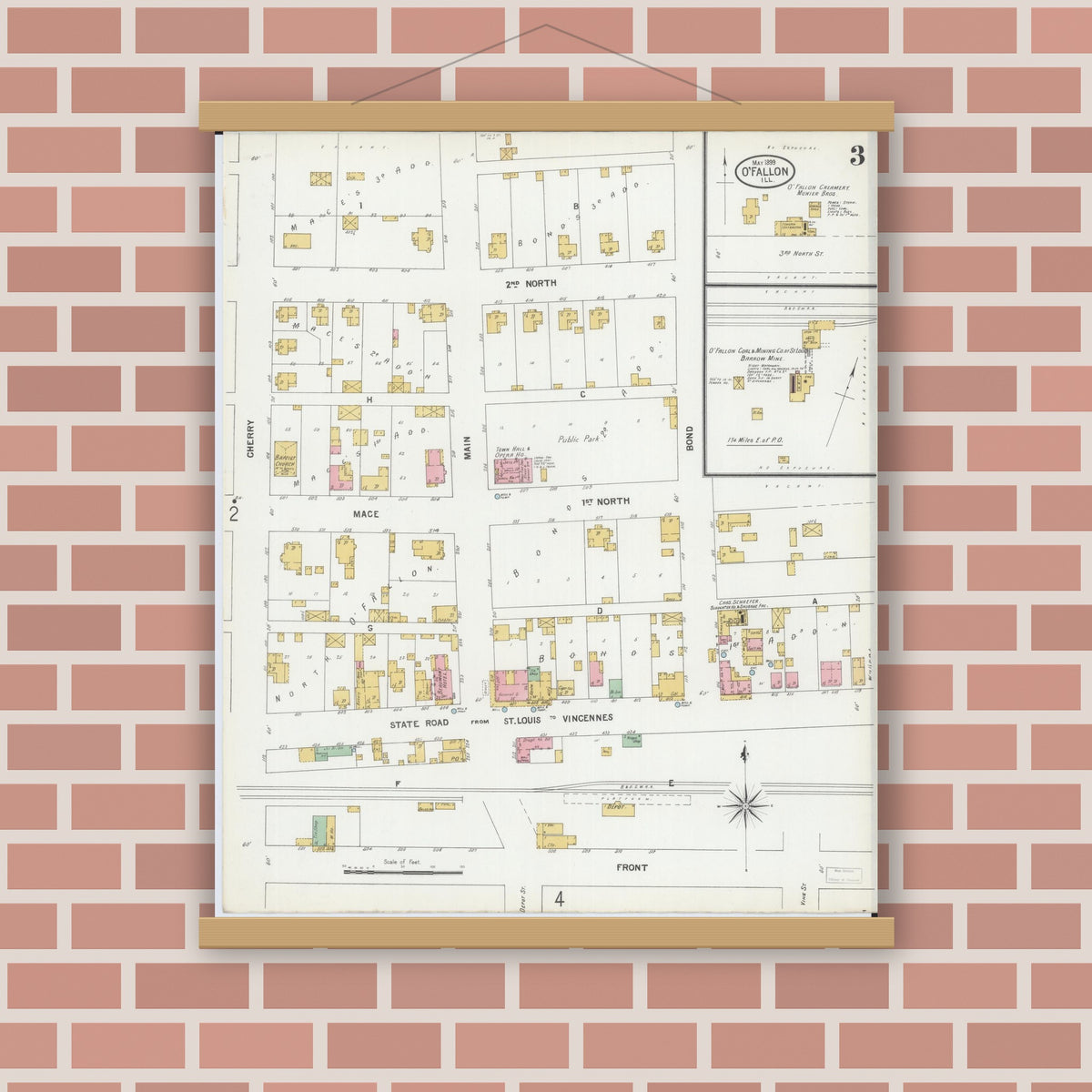 Old map wall art mockup — magnetic wood frame on brick wall — Sanborn Fire Insurance Map from O'Fallon, Saint Clair County, Illinois (1899), Sheet #0003