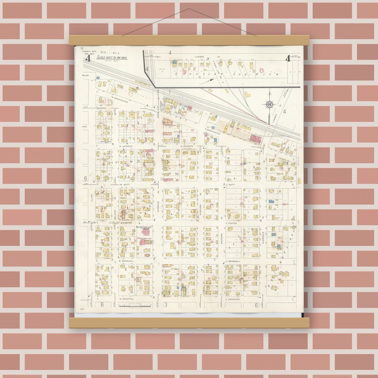 Old map wall art mockup — magnetic wood frame on brick wall — Sanborn Fire Insurance Map from Tomah, Monroe County, Wisconsin (1944), Sheet #0004