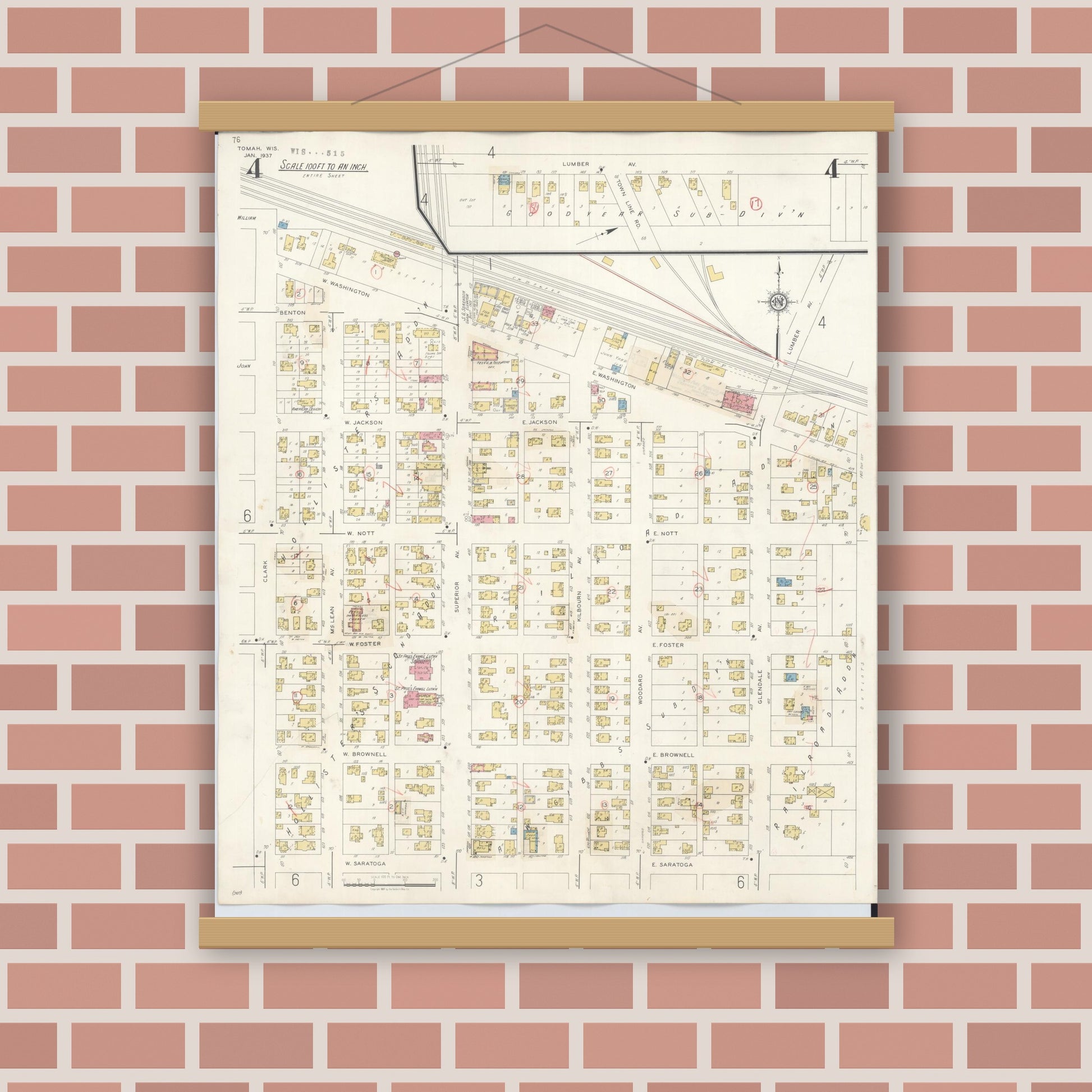 Old map wall art mockup — magnetic wood frame on brick wall — Sanborn Fire Insurance Map from Tomah, Monroe County, Wisconsin (1944), Sheet #0004