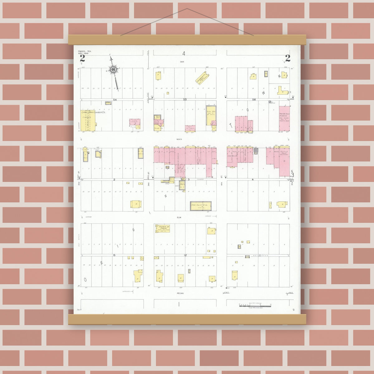 Old map wall art mockup — magnetic wood frame on brick wall — Sanborn Fire Insurance Map from Frisco, Collin County, Texas (1949), Sheet #0002