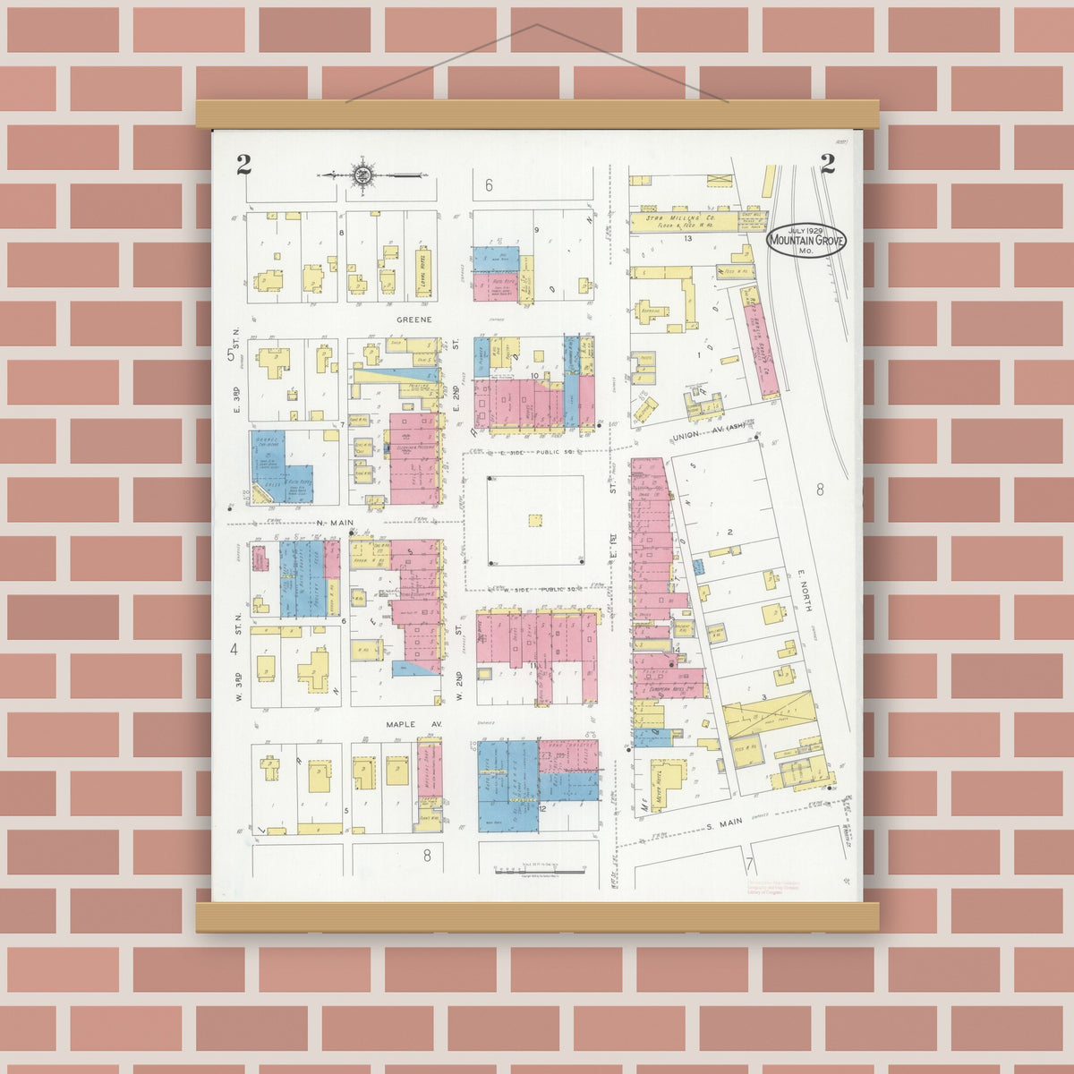 Old map wall art mockup — magnetic wood frame on brick wall — Sanborn Fire Insurance Map from Mountain Grove, Wright County, Missouri (1929), Sheet #0002