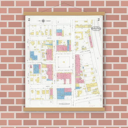 Old map wall art mockup — magnetic wood frame on brick wall — Sanborn Fire Insurance Map from Mountain Grove, Wright County, Missouri (1929), Sheet #0002