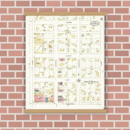 Old map wall art mockup — magnetic wood frame on brick wall — Sanborn Fire Insurance Map from Sigourney, Kiokuk County, Iowa (1906), Sheet #0003