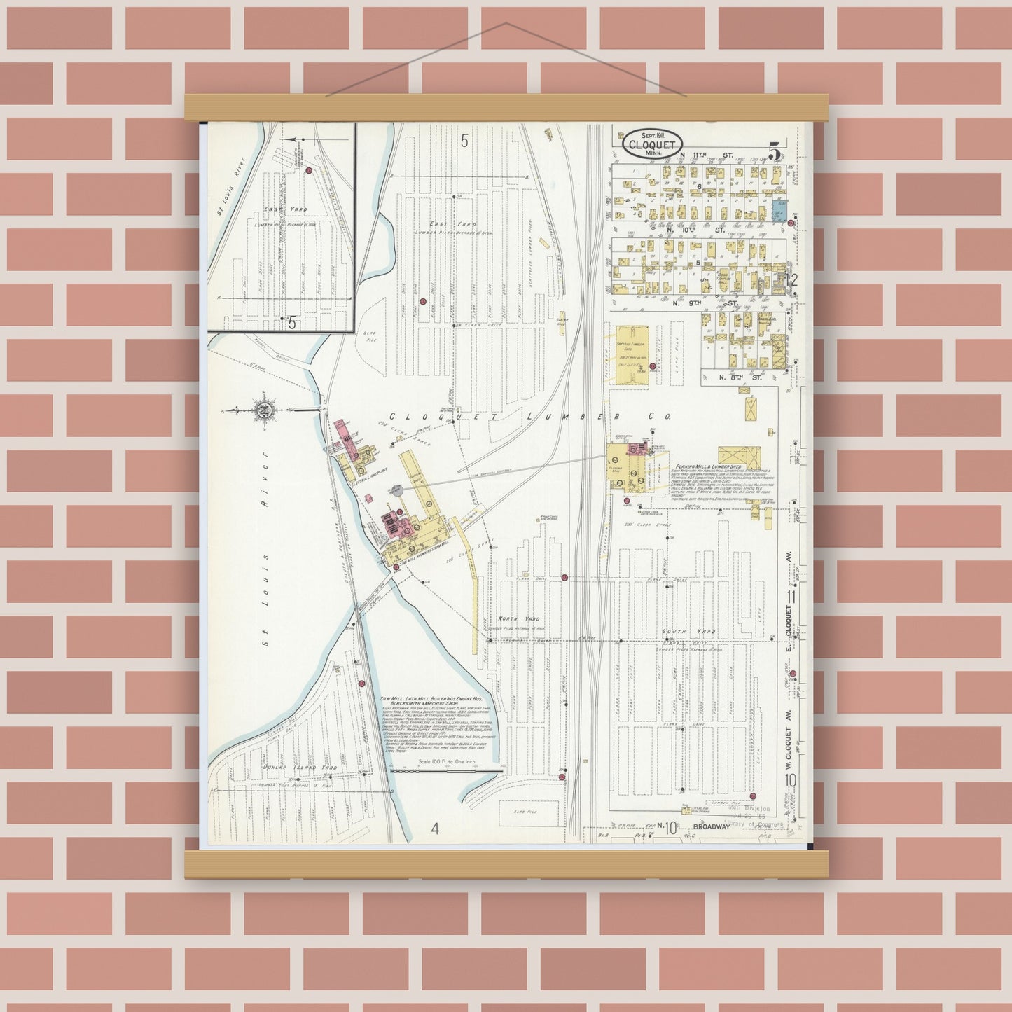 Old map wall art mockup — magnetic wood frame on brick wall — Sanborn Fire Insurance Map from Cloquet, Carlton County, Minnesota (1911), Sheet #0005