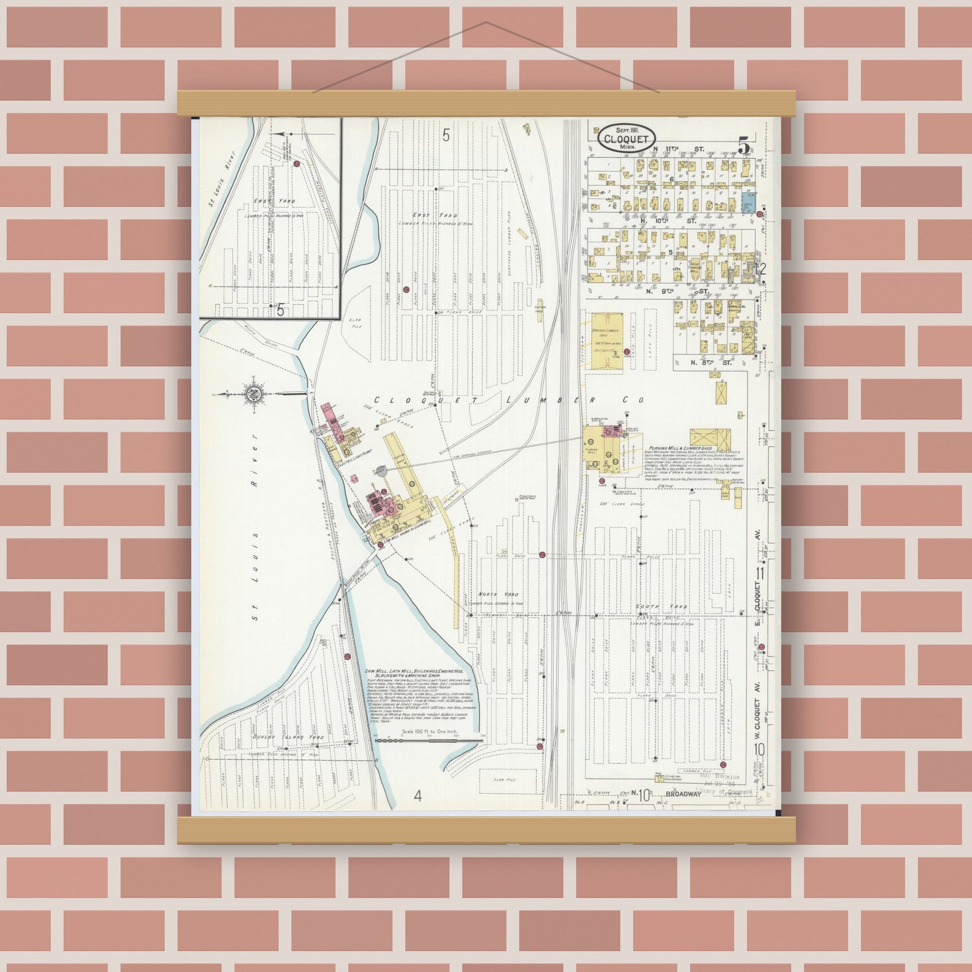 Old map wall art mockup — magnetic wood frame on brick wall — Sanborn Fire Insurance Map from Cloquet, Carlton County, Minnesota (1911), Sheet #0005