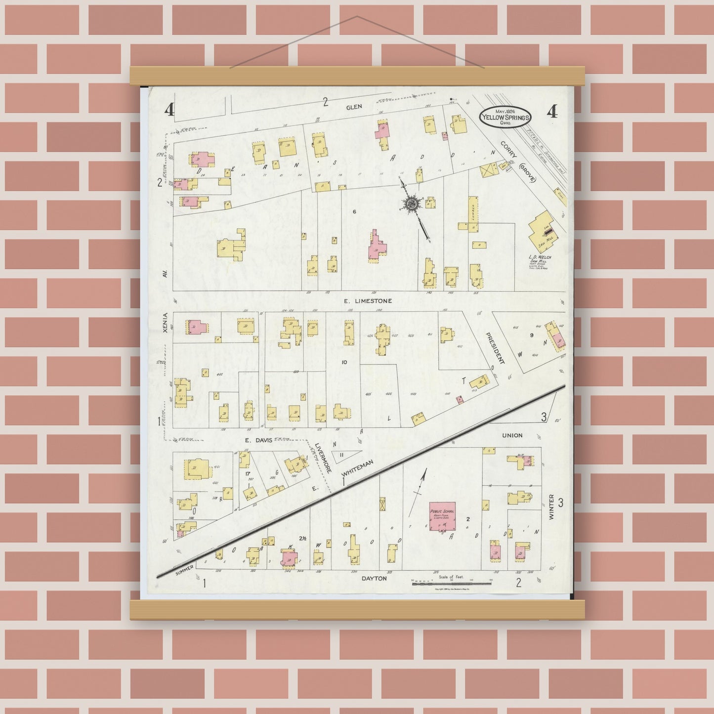 Old map wall art mockup — magnetic wood frame on brick wall — Sanborn Fire Insurance Map from Yellow Springs, Greene County, Ohio (1924), Sheet #0004