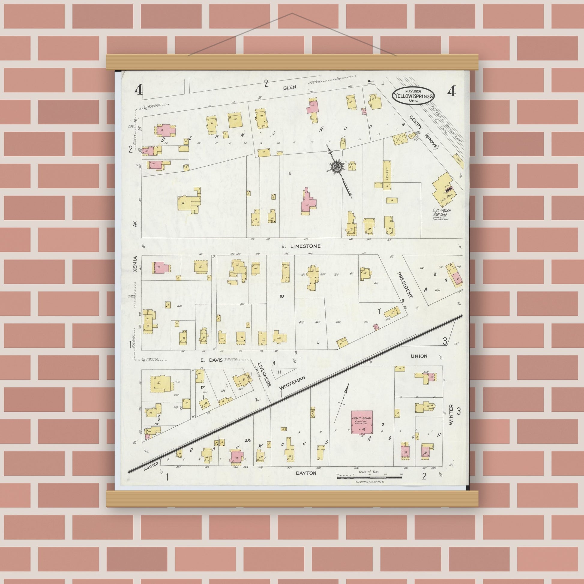 Old map wall art mockup — magnetic wood frame on brick wall — Sanborn Fire Insurance Map from Yellow Springs, Greene County, Ohio (1924), Sheet #0004