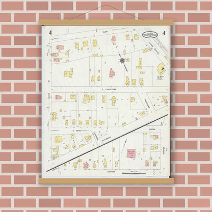 Old map wall art mockup — magnetic wood frame on brick wall — Sanborn Fire Insurance Map from Yellow Springs, Greene County, Ohio (1924), Sheet #0004