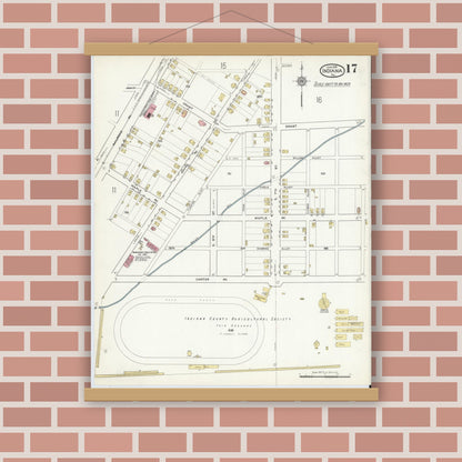 Old map wall art mockup — magnetic wood frame on brick wall — Sanborn Fire Insurance Map from Indiana, Indiana County, Pennsylvania (1916), Sheet #0017
