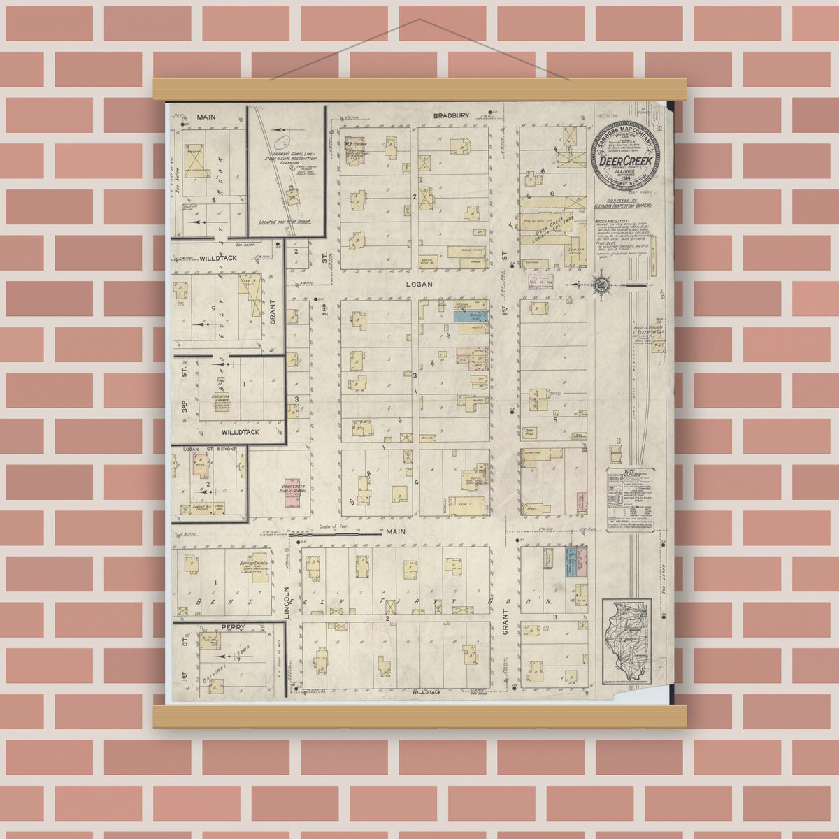 Old map wall art mockup — magnetic wood frame on brick wall — Sanborn Fire Insurance Map from Deer Creek, Tazewell County, Illinois (1914), Sheet #0001