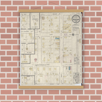 Old map wall art mockup — magnetic wood frame on brick wall — Sanborn Fire Insurance Map from Deer Creek, Tazewell County, Illinois (1914), Sheet #0001