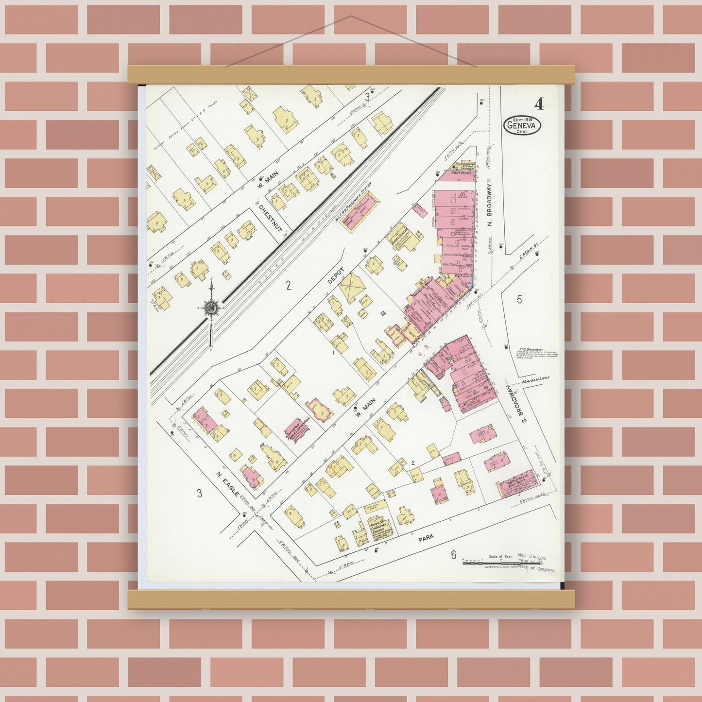 Old map wall art mockup — magnetic wood frame on brick wall — Sanborn Fire Insurance Map from Geneva, Ashtabula County, Ohio (1919), Sheet #0004