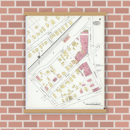 Old map wall art mockup — magnetic wood frame on brick wall — Sanborn Fire Insurance Map from Geneva, Ashtabula County, Ohio (1919), Sheet #0004