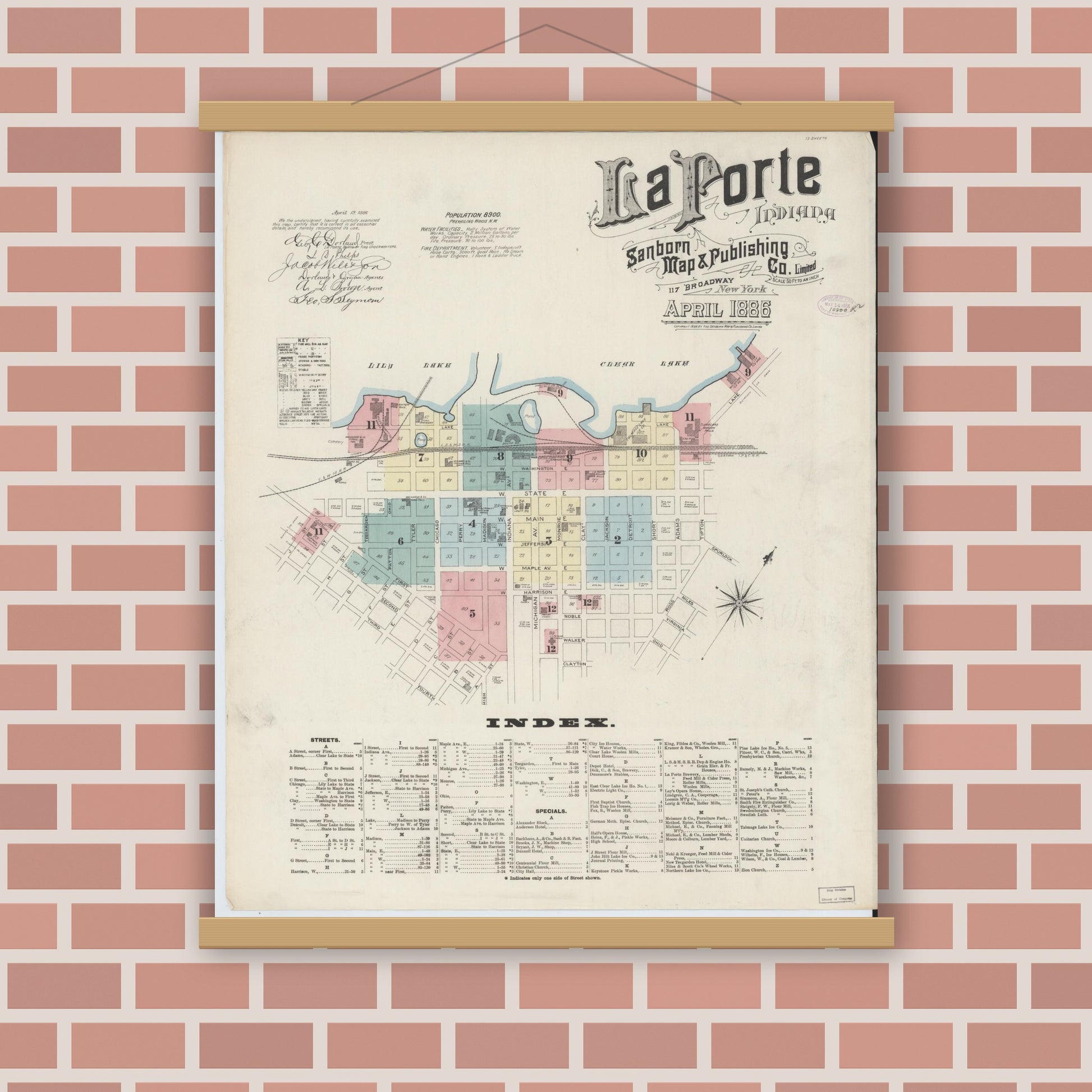 Old map wall art mockup — magnetic wood frame on brick wall — Sanborn Fire Insurance Map from La Porte, La Porte County, Indiana (1886) - Complete Map Set
