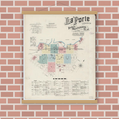 Old map wall art mockup — magnetic wood frame on brick wall — Sanborn Fire Insurance Map from La Porte, La Porte County, Indiana (1886) - Complete Map Set