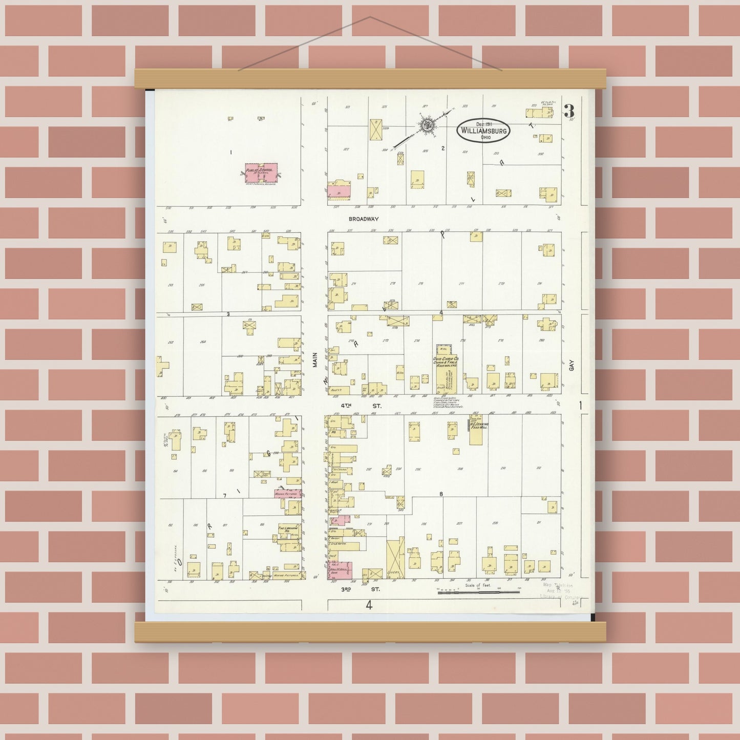 Old map wall art mockup — magnetic wood frame on brick wall — Sanborn Fire Insurance Map from Williamsburg, Clermont County, Ohio (1911), Sheet #0003