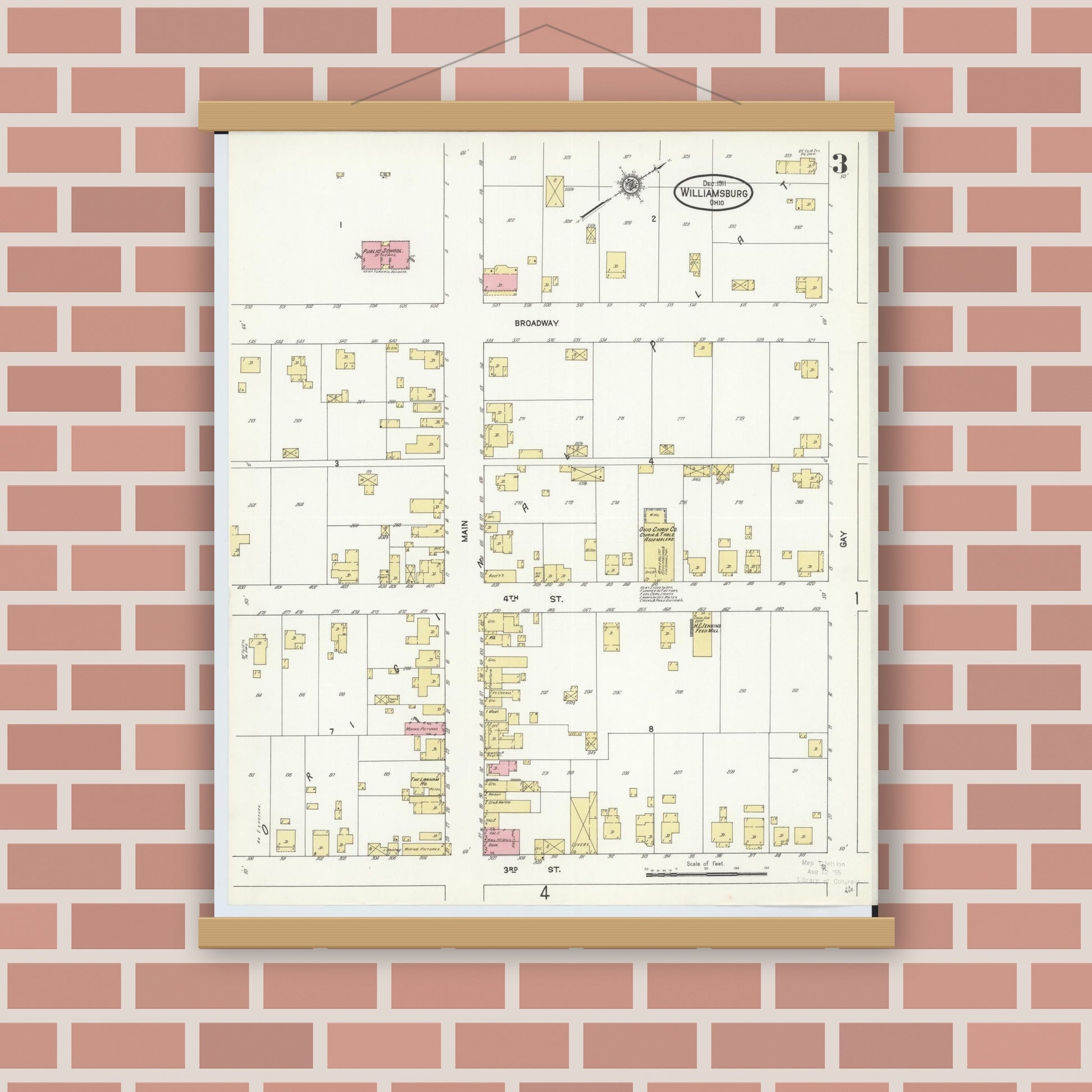 Old map wall art mockup — magnetic wood frame on brick wall — Sanborn Fire Insurance Map from Williamsburg, Clermont County, Ohio (1911), Sheet #0003