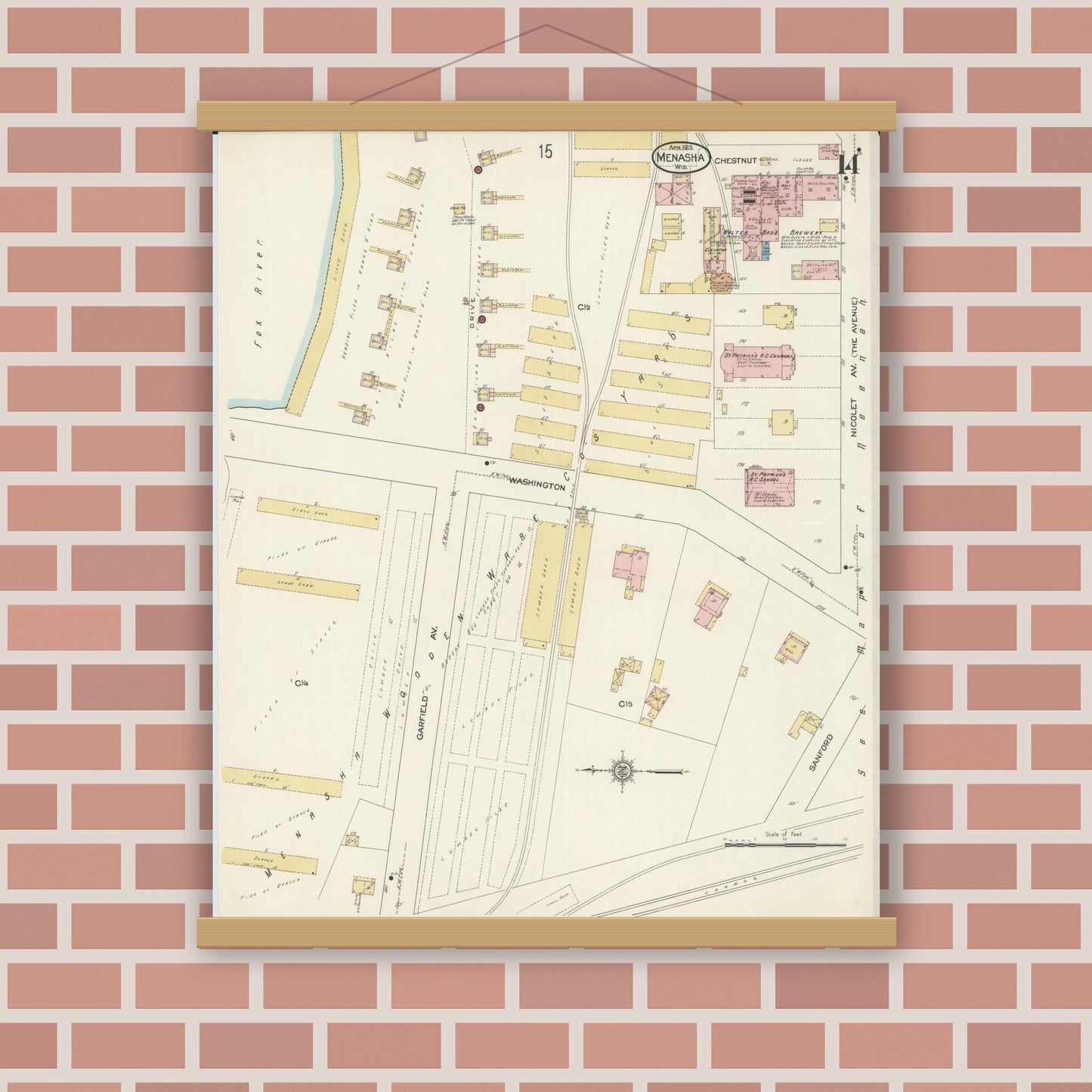 Old map wall art mockup — magnetic wood frame on brick wall — Sanborn Fire Insurance Map from Menasha, Winnebago County, Wisconsin (1913), Sheet #0014