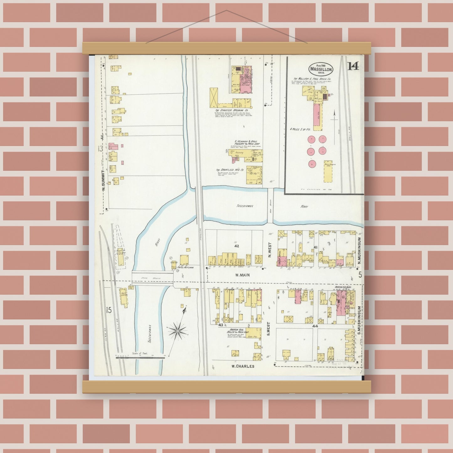 Old map wall art mockup — magnetic wood frame on brick wall — Sanborn Fire Insurance Map from Massillon, Stark County, Ohio (1901), Sheet #0014