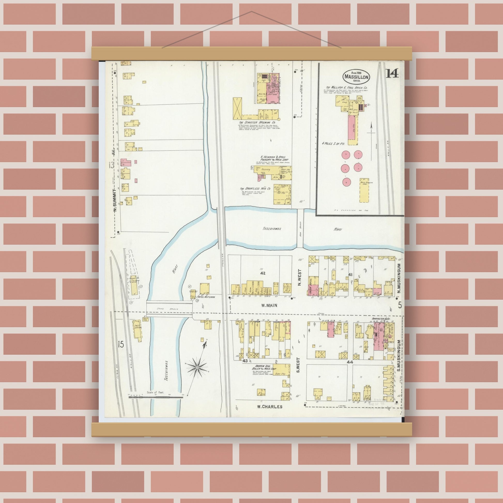 Old map wall art mockup — magnetic wood frame on brick wall — Sanborn Fire Insurance Map from Massillon, Stark County, Ohio (1901), Sheet #0014