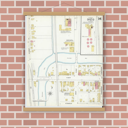 Old map wall art mockup — magnetic wood frame on brick wall — Sanborn Fire Insurance Map from Massillon, Stark County, Ohio (1901), Sheet #0014