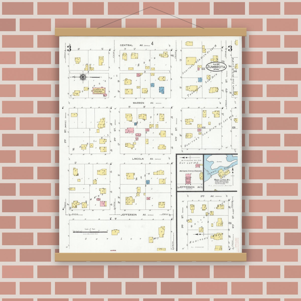 Old map wall art mockup — magnetic wood frame on brick wall — Sanborn Fire Insurance Map from Zumbrota, Goodhue County, Minnesota (1927), Sheet #0003