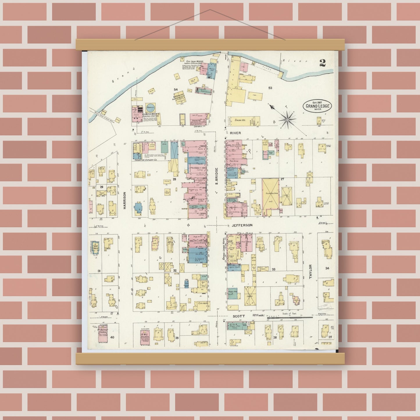 Old map wall art mockup — magnetic wood frame on brick wall — Sanborn Fire Insurance Map from Grand Ledge, Eaton County, Michigan (1907), Sheet #0002
