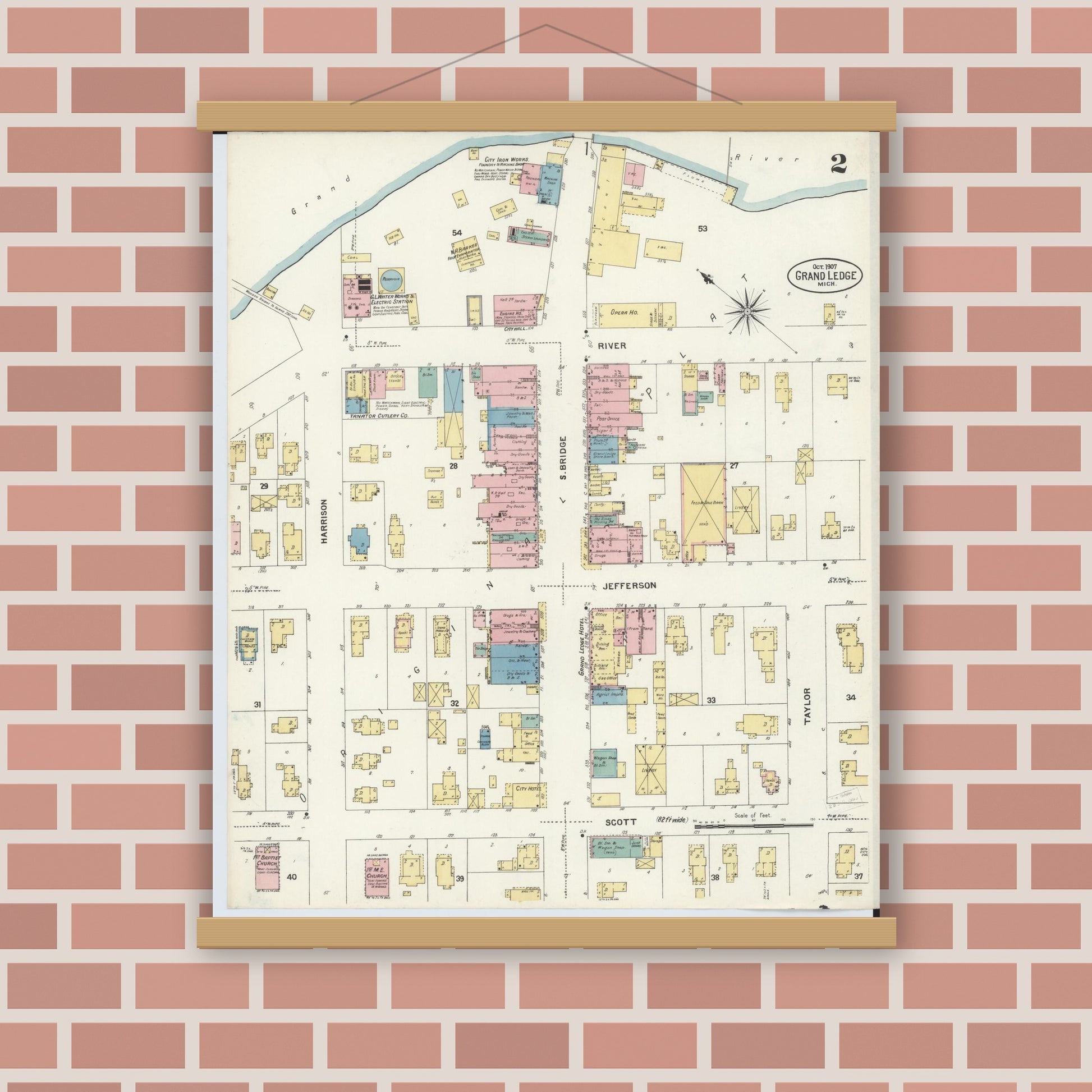 Old map wall art mockup — magnetic wood frame on brick wall — Sanborn Fire Insurance Map from Grand Ledge, Eaton County, Michigan (1907), Sheet #0002