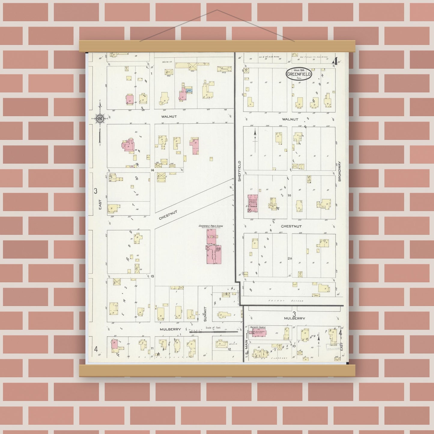 Old map wall art mockup — magnetic wood frame on brick wall — Sanborn Fire Insurance Map from Greenfield, Greene County, Illinois (1914), Sheet #0004
