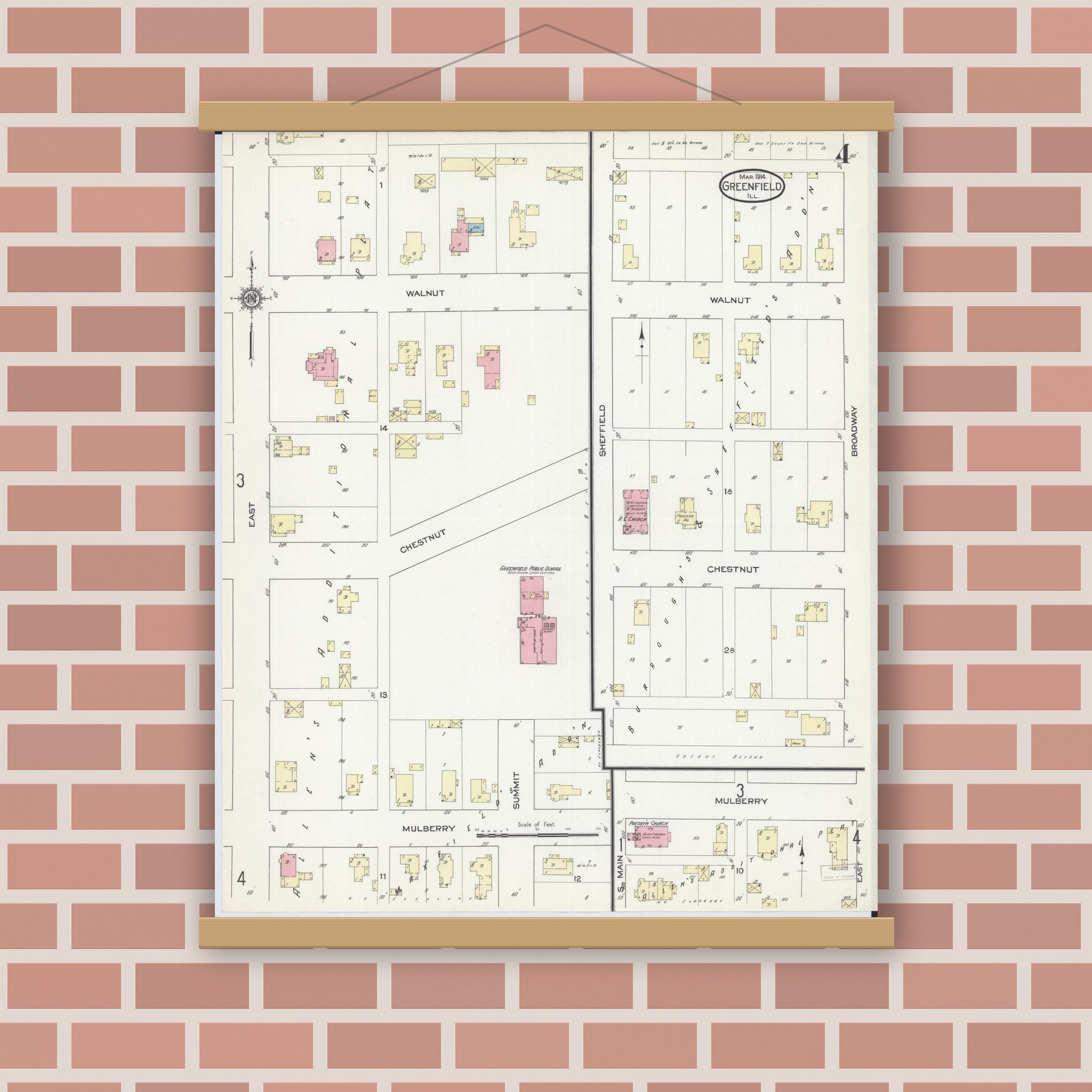 Old map wall art mockup — magnetic wood frame on brick wall — Sanborn Fire Insurance Map from Greenfield, Greene County, Illinois (1914), Sheet #0004