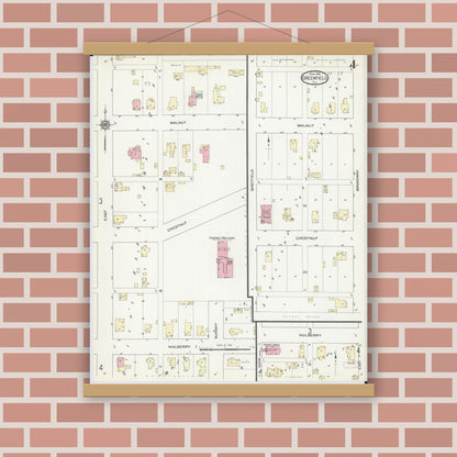 Old map wall art mockup — magnetic wood frame on brick wall — Sanborn Fire Insurance Map from Greenfield, Greene County, Illinois (1914), Sheet #0004