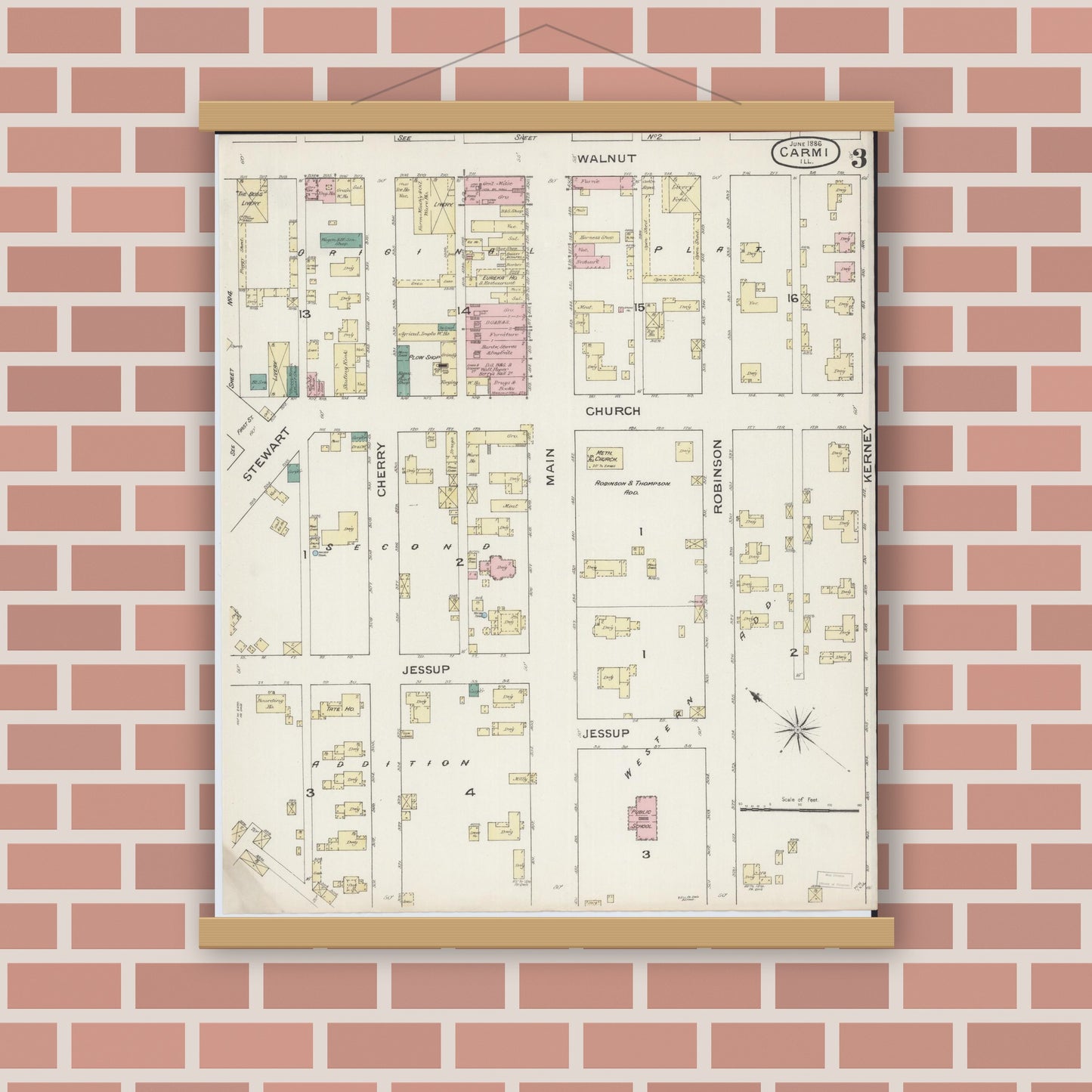 Old map wall art mockup — magnetic wood frame on brick wall — Sanborn Fire Insurance Map from Carmi, White County, Illinois (1886), Sheet #0003