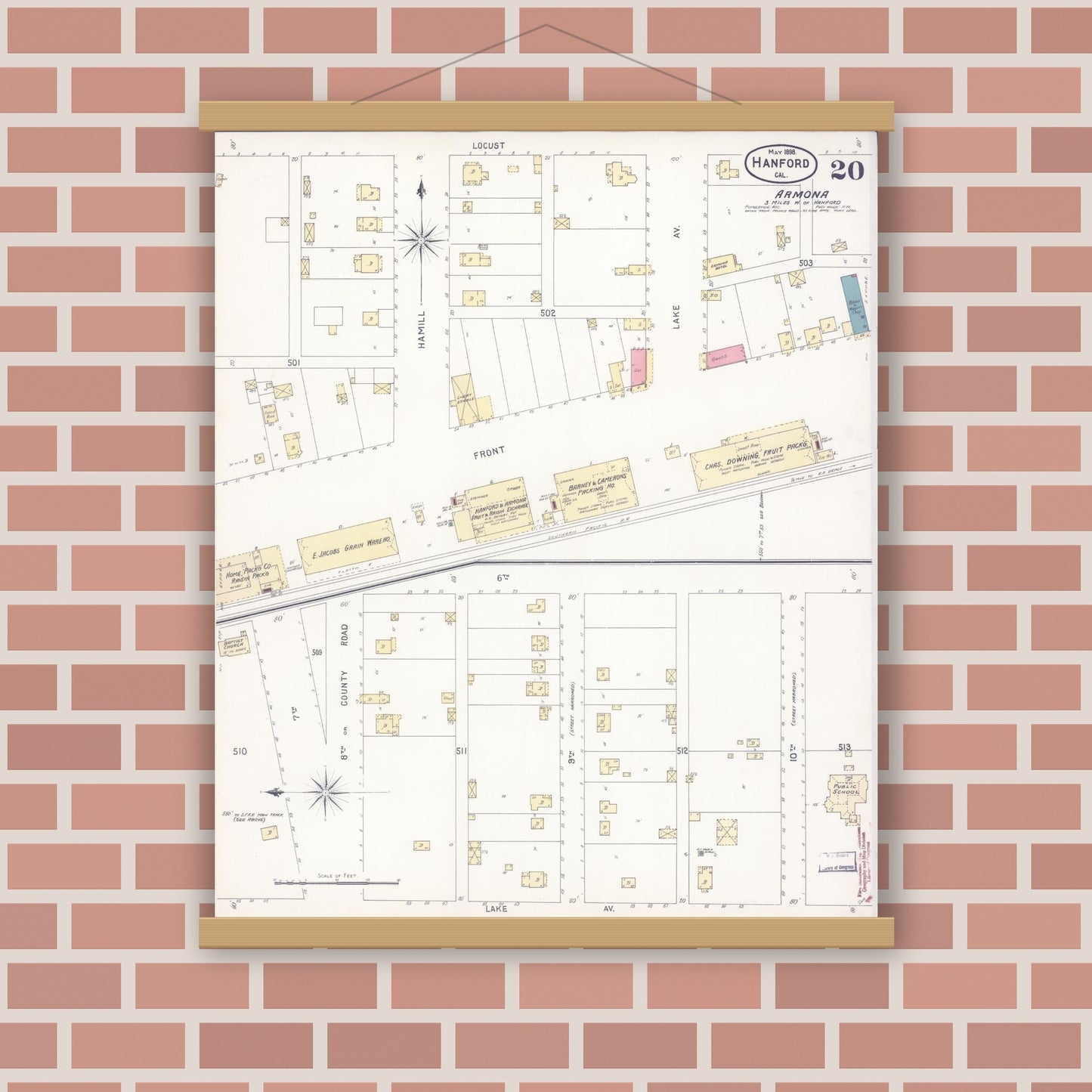 Old map wall art mockup — magnetic wood frame on brick wall — Sanborn Fire Insurance Map from Hanford, Kings County, California (1898), Sheet #0020
