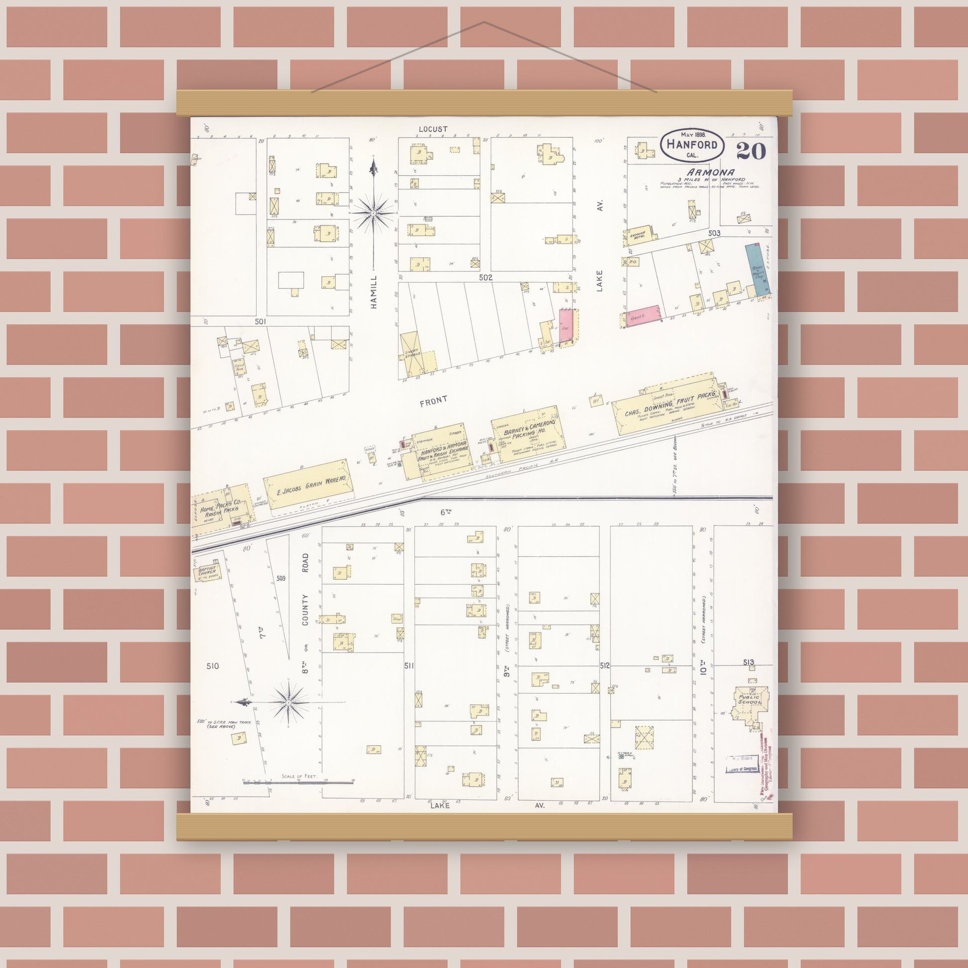 Old map wall art mockup — magnetic wood frame on brick wall — Sanborn Fire Insurance Map from Hanford, Kings County, California (1898), Sheet #0020