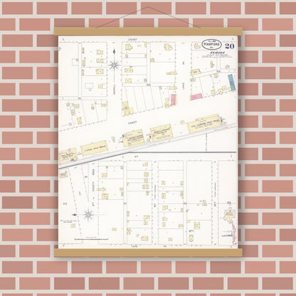 Old map wall art mockup — magnetic wood frame on brick wall — Sanborn Fire Insurance Map from Hanford, Kings County, California (1898), Sheet #0020