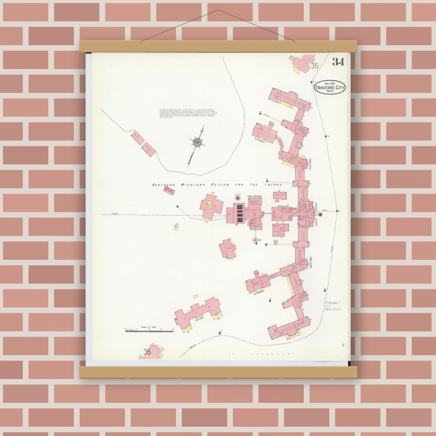 Old map wall art mockup — magnetic wood frame on brick wall — Sanborn Fire Insurance Map from Traverse City, Grand Traverse County, Michigan (1910), Sheet #0034
