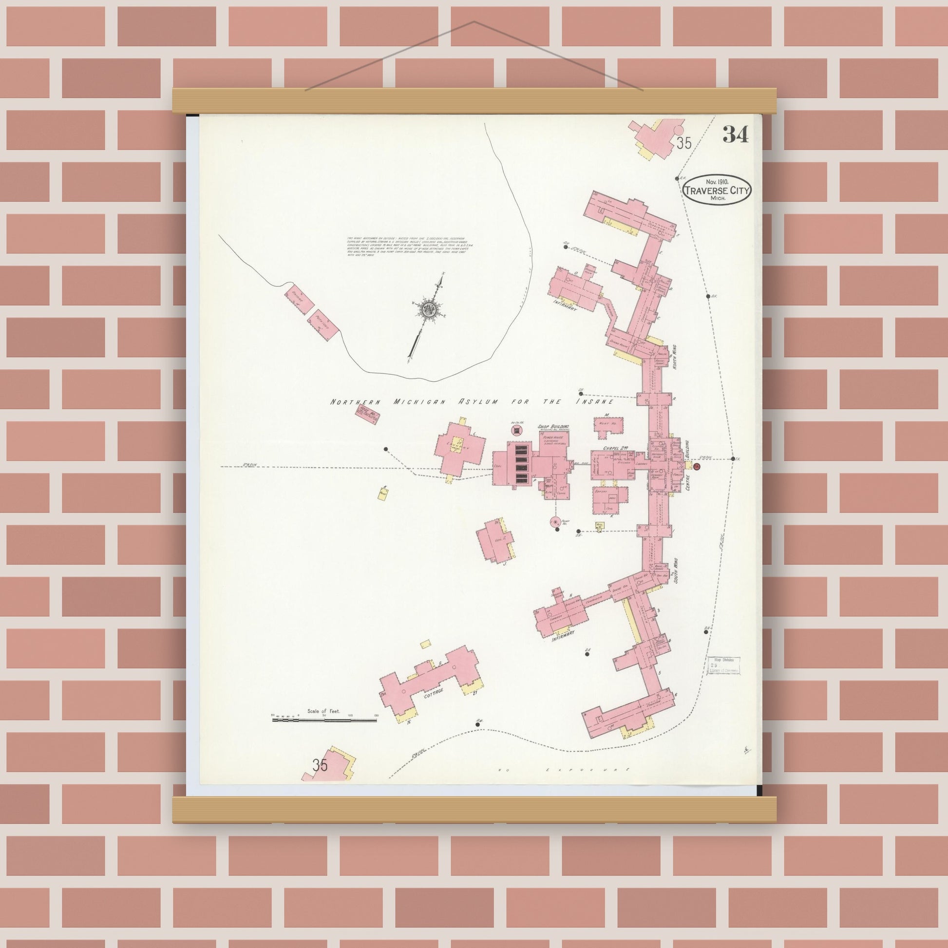 Old map wall art mockup — magnetic wood frame on brick wall — Sanborn Fire Insurance Map from Traverse City, Grand Traverse County, Michigan (1910), Sheet #0034