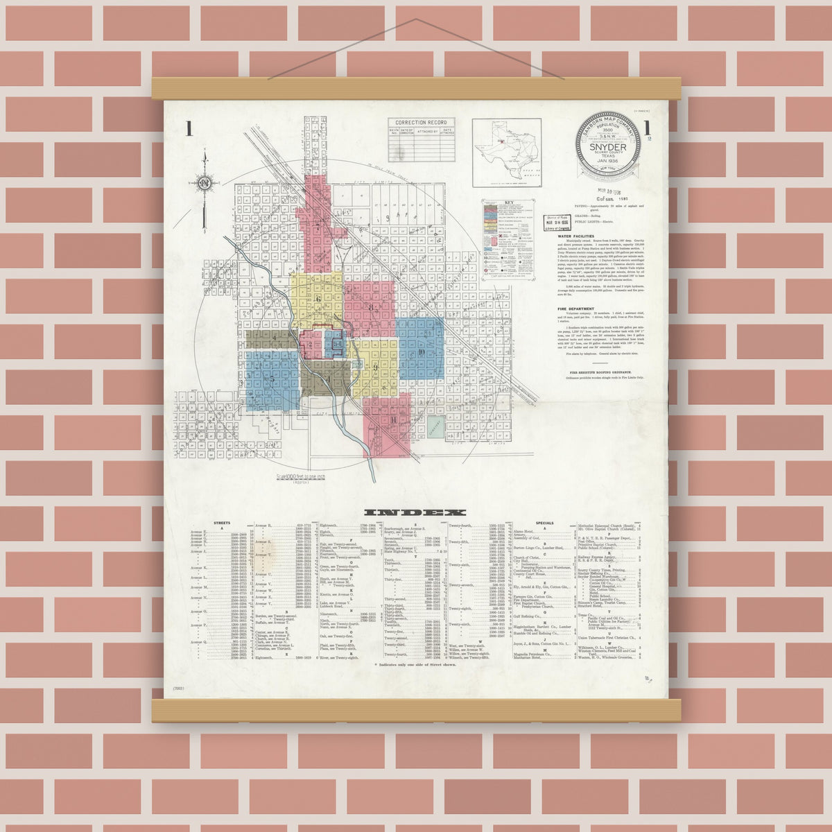 Old map wall art mockup — magnetic wood frame on brick wall — Sanborn Fire Insurance Map from Snyder, Scurry County, Texas (1936) - Complete Map Set