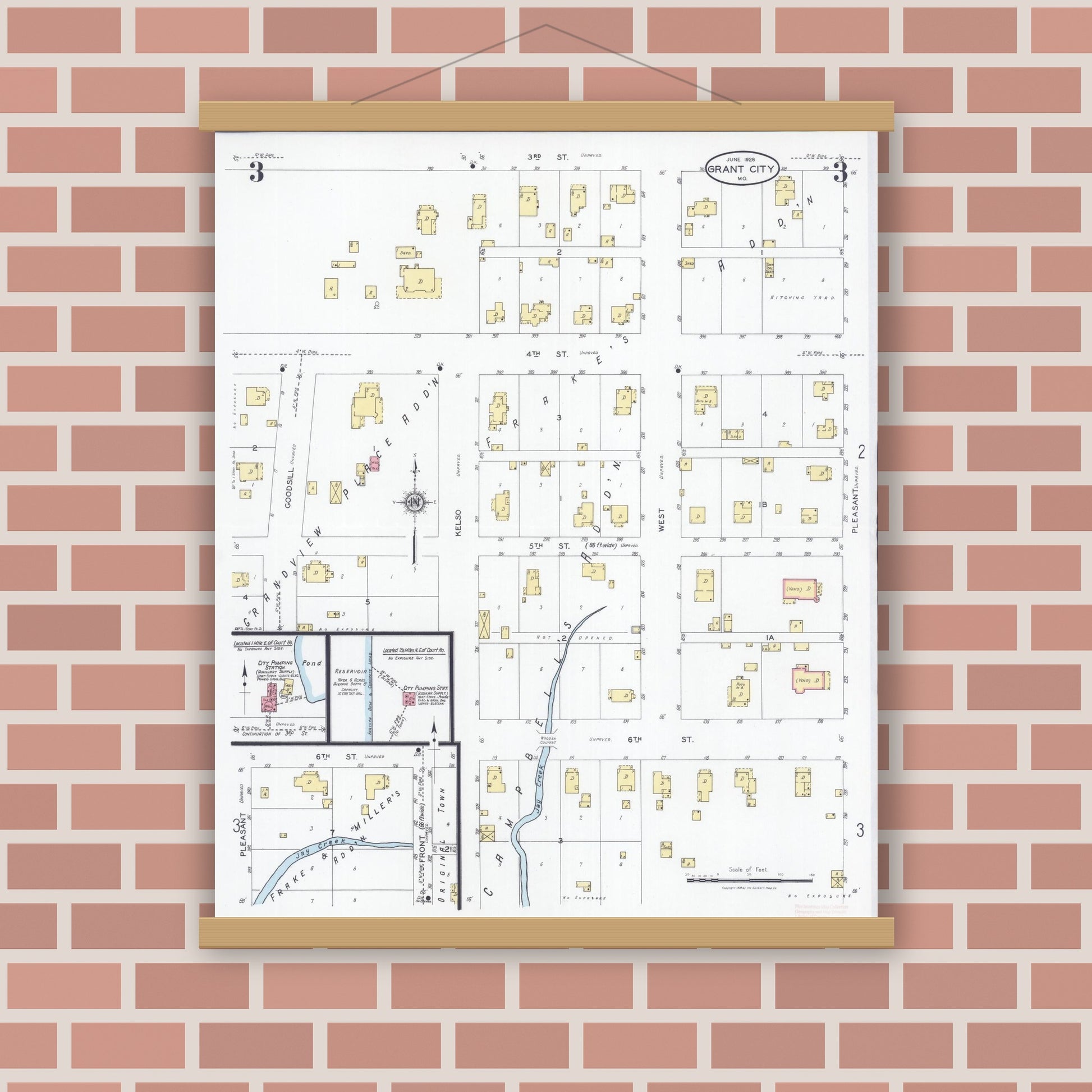 Old map wall art mockup — magnetic wood frame on brick wall — Sanborn Fire Insurance Map from Grant City, Worth County, Missouri (1928), Sheet #0003