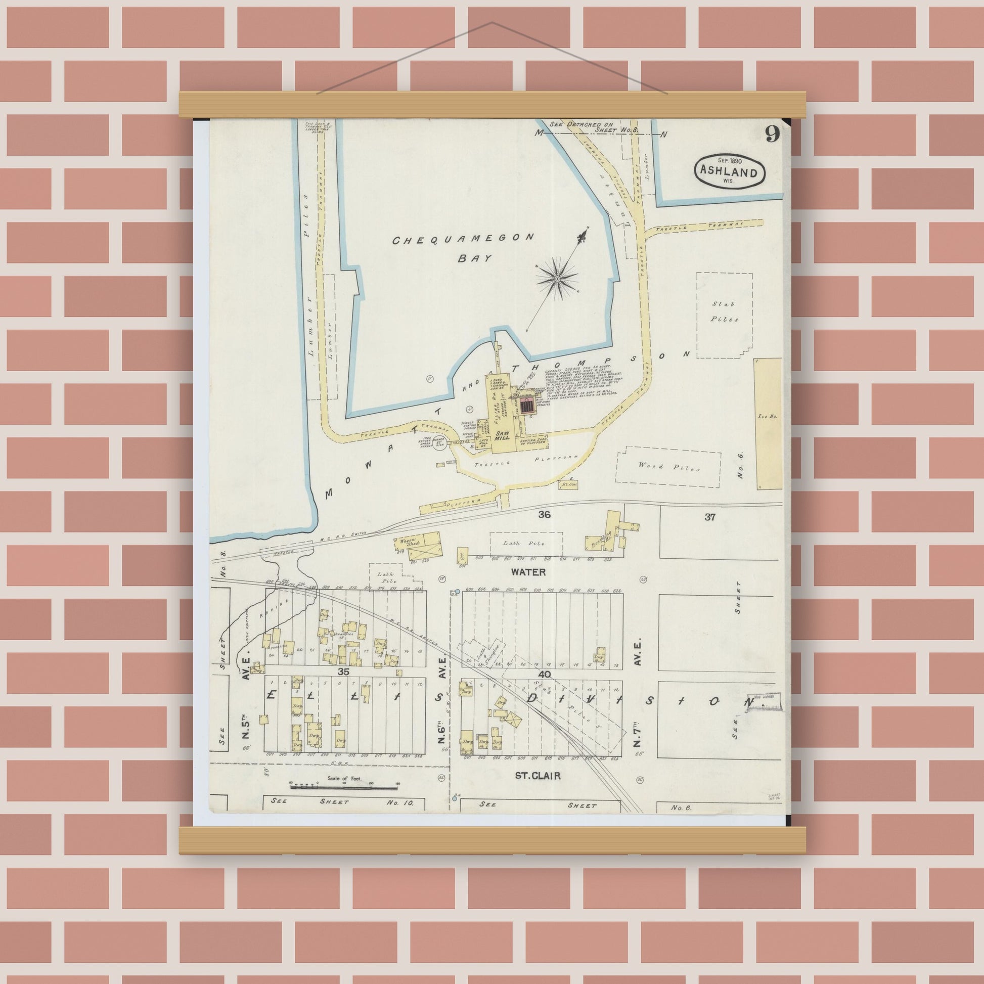 Old map wall art mockup — magnetic wood frame on brick wall — Sanborn Fire Insurance Map from Ashland, Ashland County, Wisconsin (1890), Sheet #0009