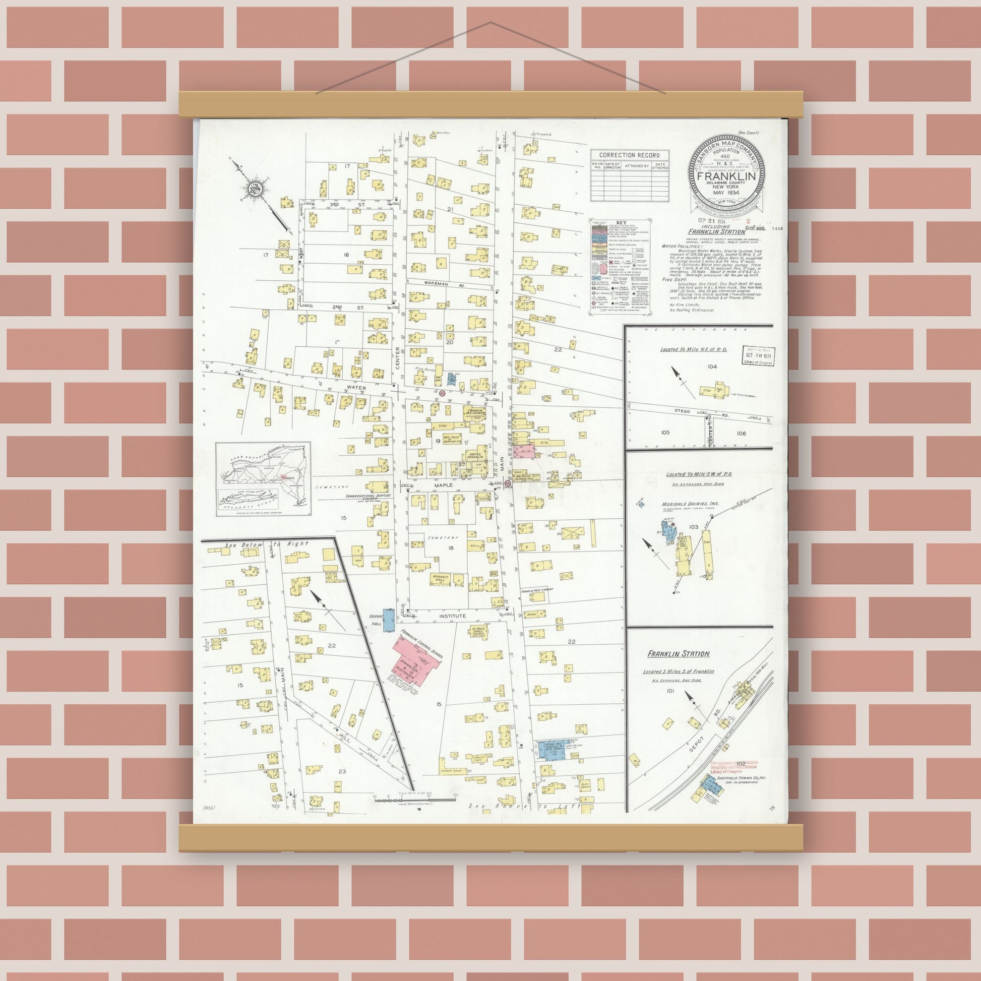 Old map wall art mockup — magnetic wood frame on brick wall — Sanborn Fire Insurance Map from Franklin, Delaware County, New York (1934), Sheet #0001
