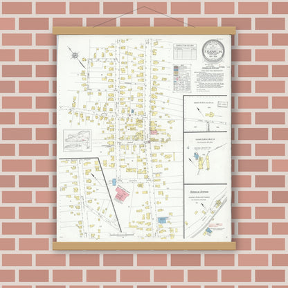 Old map wall art mockup — magnetic wood frame on brick wall — Sanborn Fire Insurance Map from Franklin, Delaware County, New York (1934), Sheet #0001