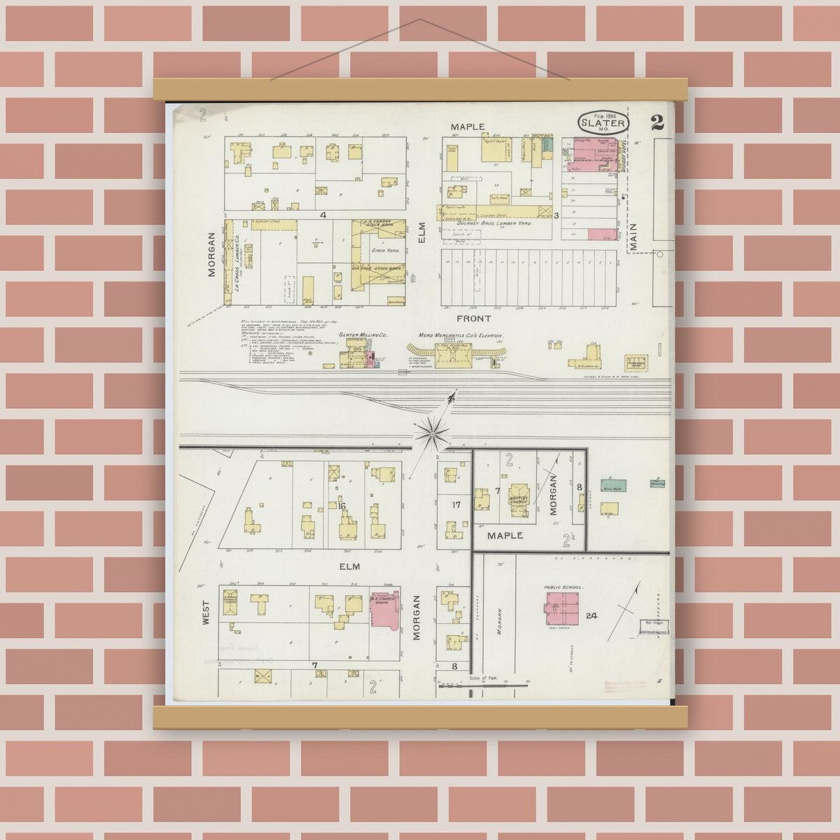 Old map wall art mockup — magnetic wood frame on brick wall — Sanborn Fire Insurance Map from Slater, Saline County, Missouri (1894), Sheet #0002