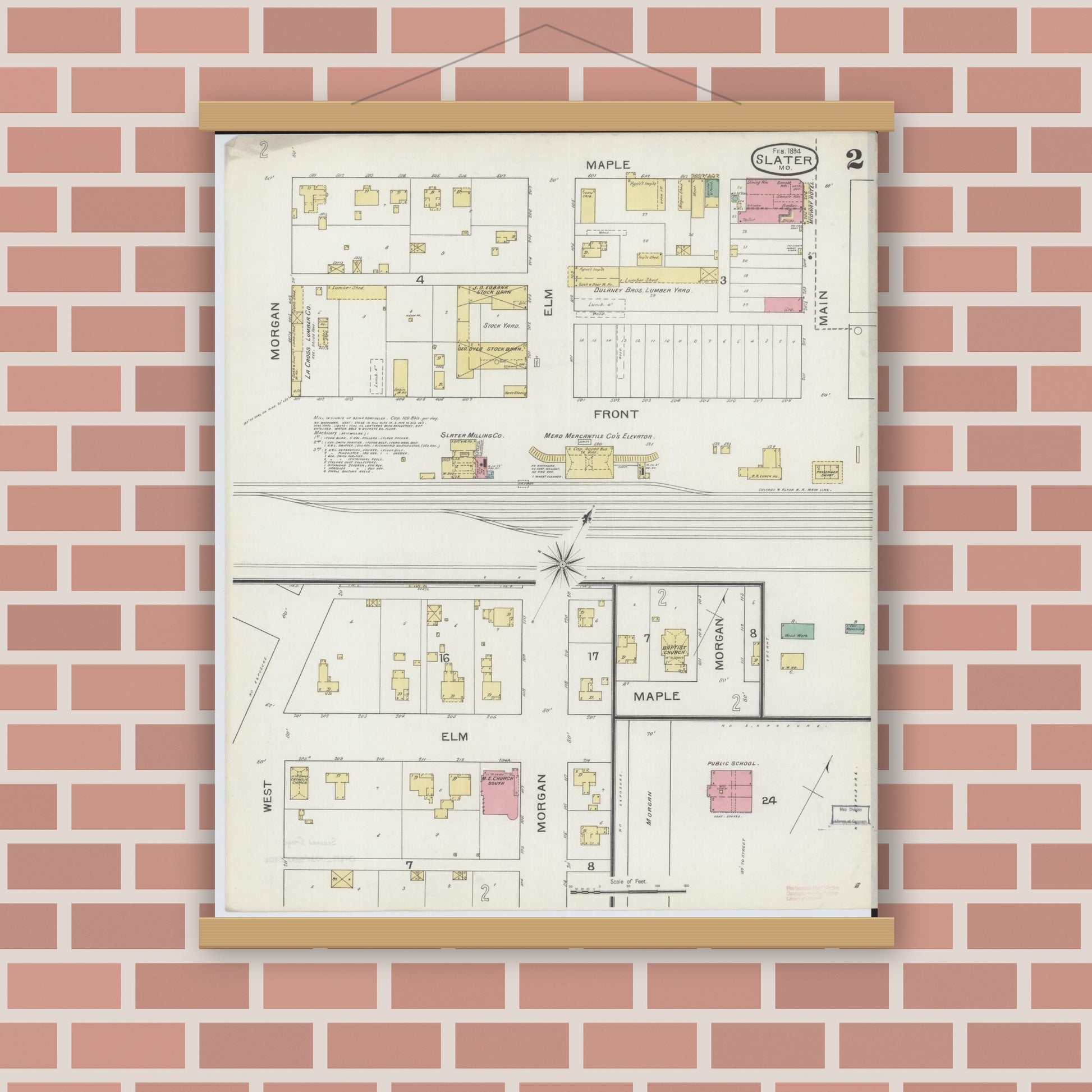 Old map wall art mockup — magnetic wood frame on brick wall — Sanborn Fire Insurance Map from Slater, Saline County, Missouri (1894), Sheet #0002
