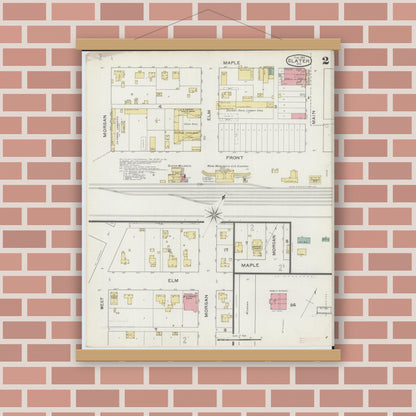 Old map wall art mockup — magnetic wood frame on brick wall — Sanborn Fire Insurance Map from Slater, Saline County, Missouri (1894), Sheet #0002