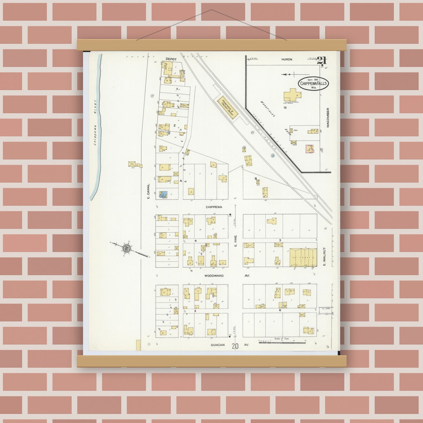 Old map wall art mockup — magnetic wood frame on brick wall — Sanborn Fire Insurance Map from Chippewa Falls, Chippewa County, Wisconsin (1910), Sheet #0021
