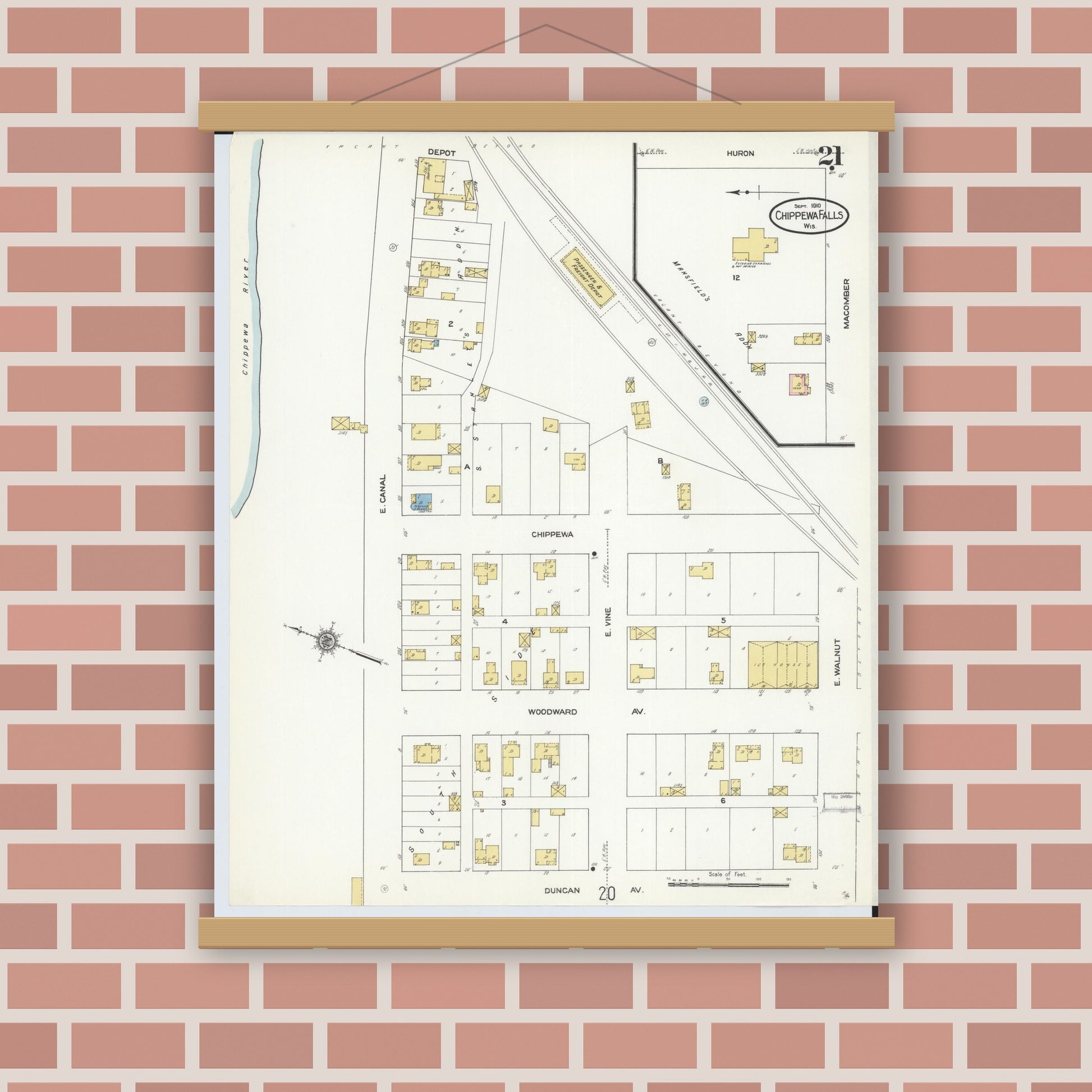 Old map wall art mockup — magnetic wood frame on brick wall — Sanborn Fire Insurance Map from Chippewa Falls, Chippewa County, Wisconsin (1910), Sheet #0021